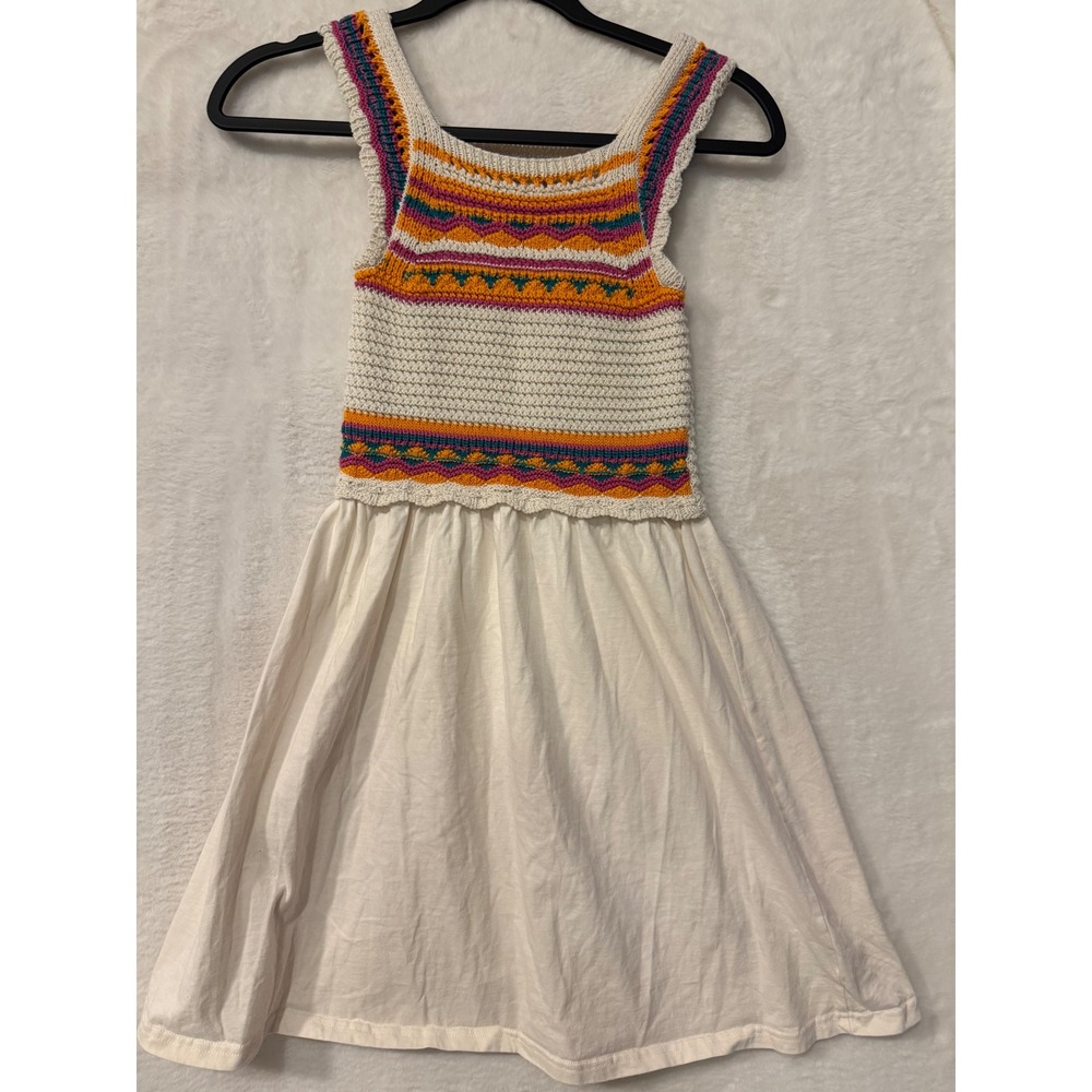 Colorful Planet Girls Crochet Knit Bodice Dress Size M 10 Boho Multi-Color Cream